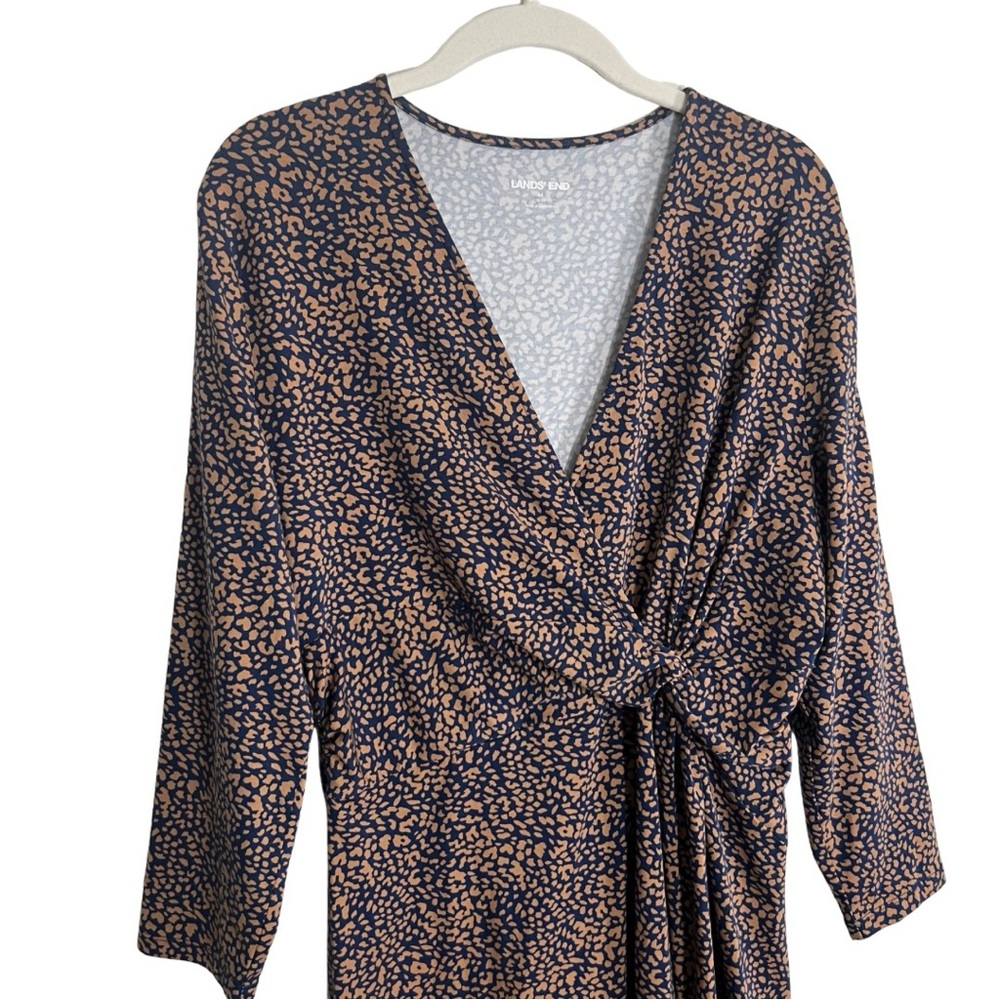 Lands End Dress Stretch Knit Faux Wrap Medium Blue Tan Modal Cotton Blend - Picture 1 of 12